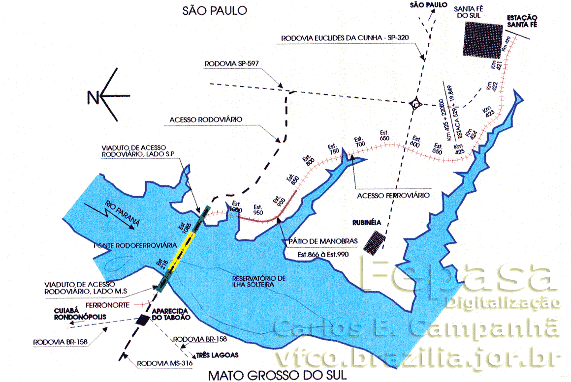 Mapa de situação da ponte rodoferroviária sobre o rio Paraná em relação às rodovias, ferrovia e áreas urbanas