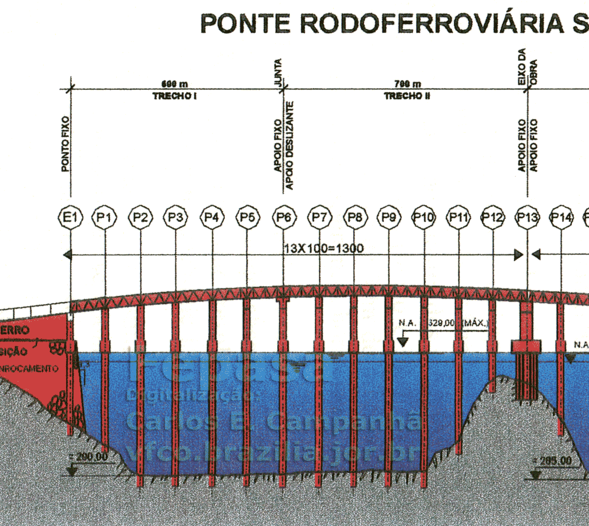 Perfil longitudinal da ponte rodoferroviária - Trechos 1 e 2