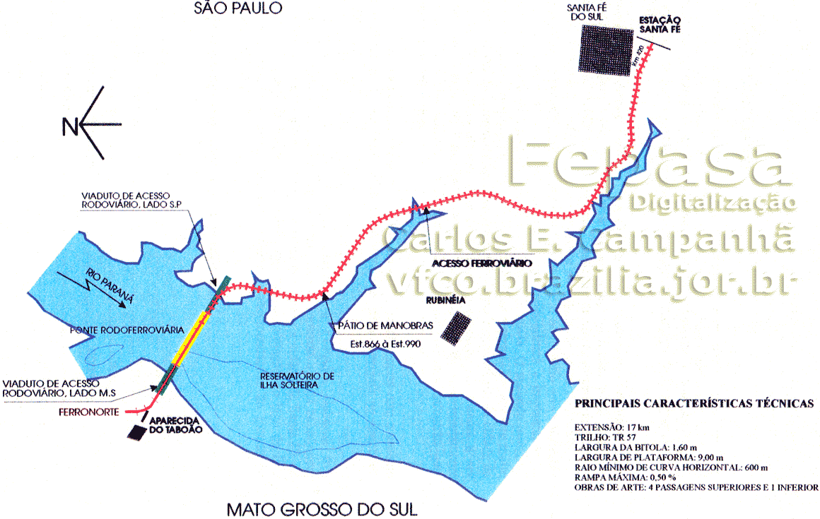 Mapa dos trilhos do acesso ferroviário à ponte sobre o rio Paraná, com indicação do futuro pátio de manobra dos trens