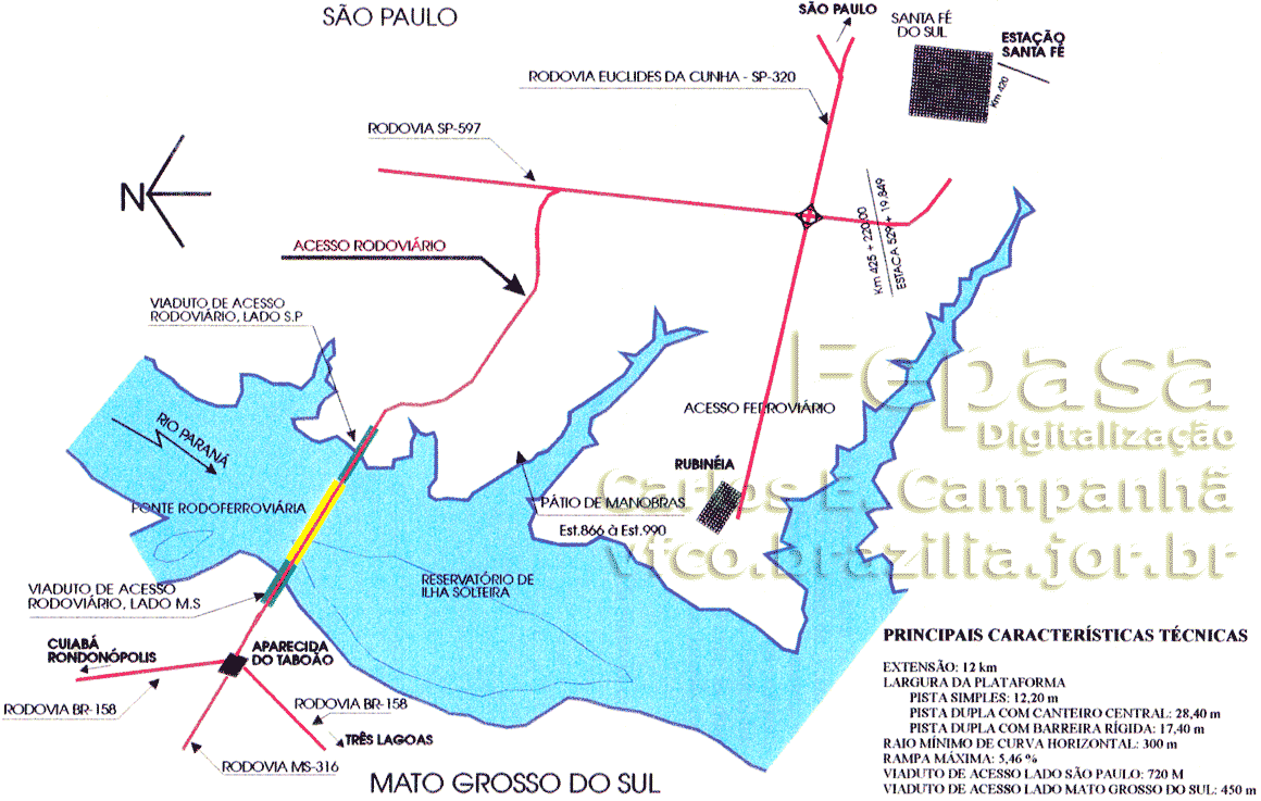 Mapa dos acessos rodoviário à ponte rodoferroviária sobre o rio Paraná
