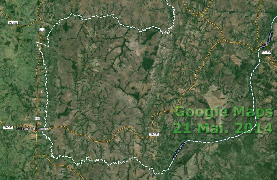 Localização de Colinas do Tocantins (esq.) e limites do município vizinho, de Palmeirante (TO)