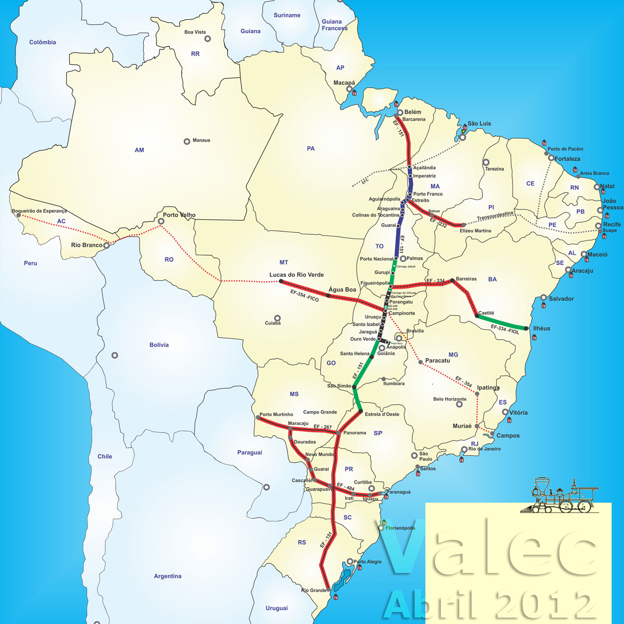 Ferrovias da Valec, em mapa de 2012