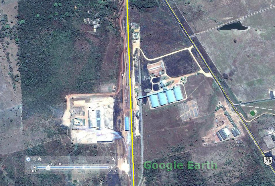Pátio intermodal da Ferrovia Norte-Sul em Imperatriz (MA), em imagens de satélite de 7 Ago. 2006