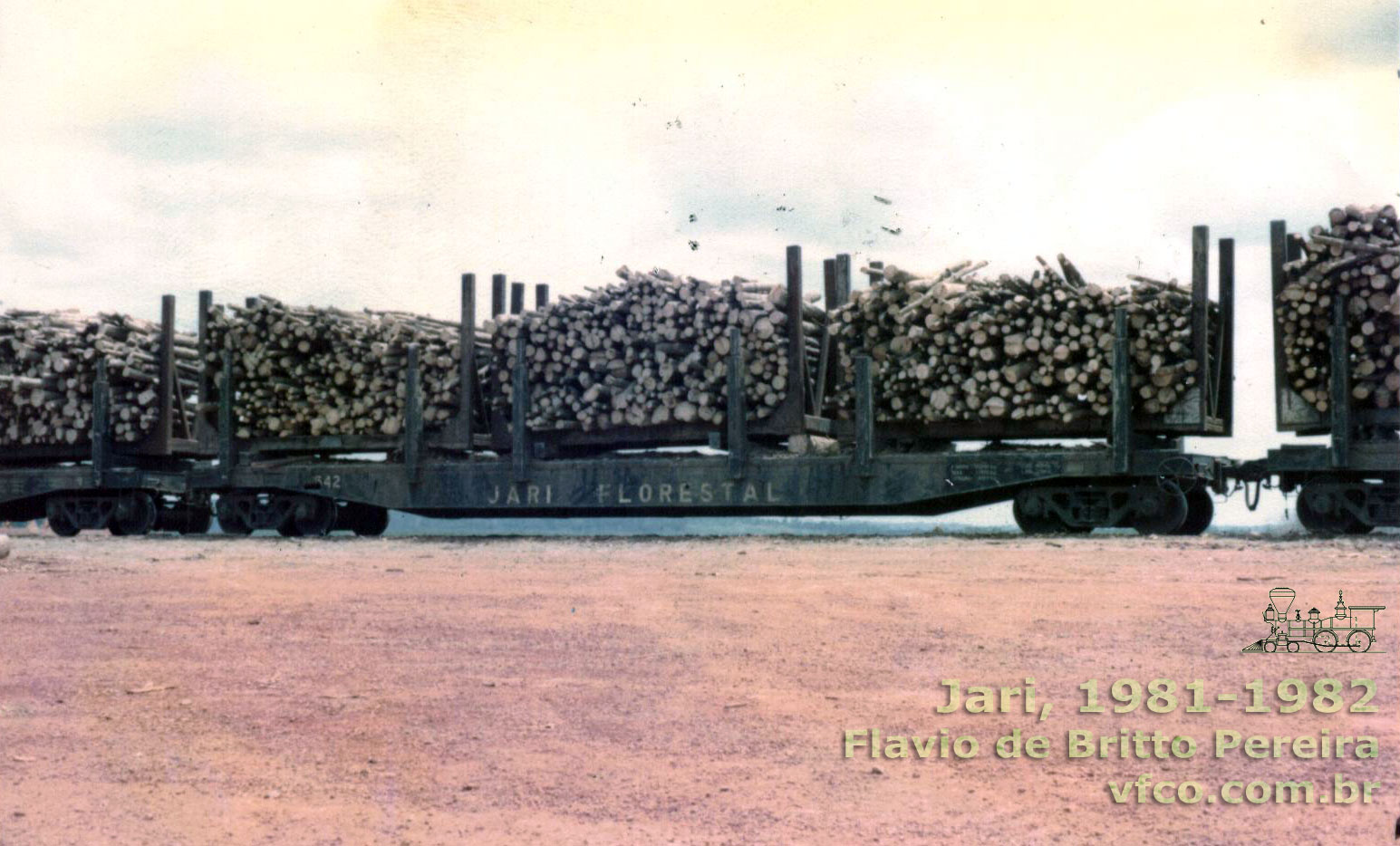 Vagão prancha da Estrada de Ferro Jari (Jari Florestal) carregado com três pallets de madeira cultivada para a fábrica de celulose