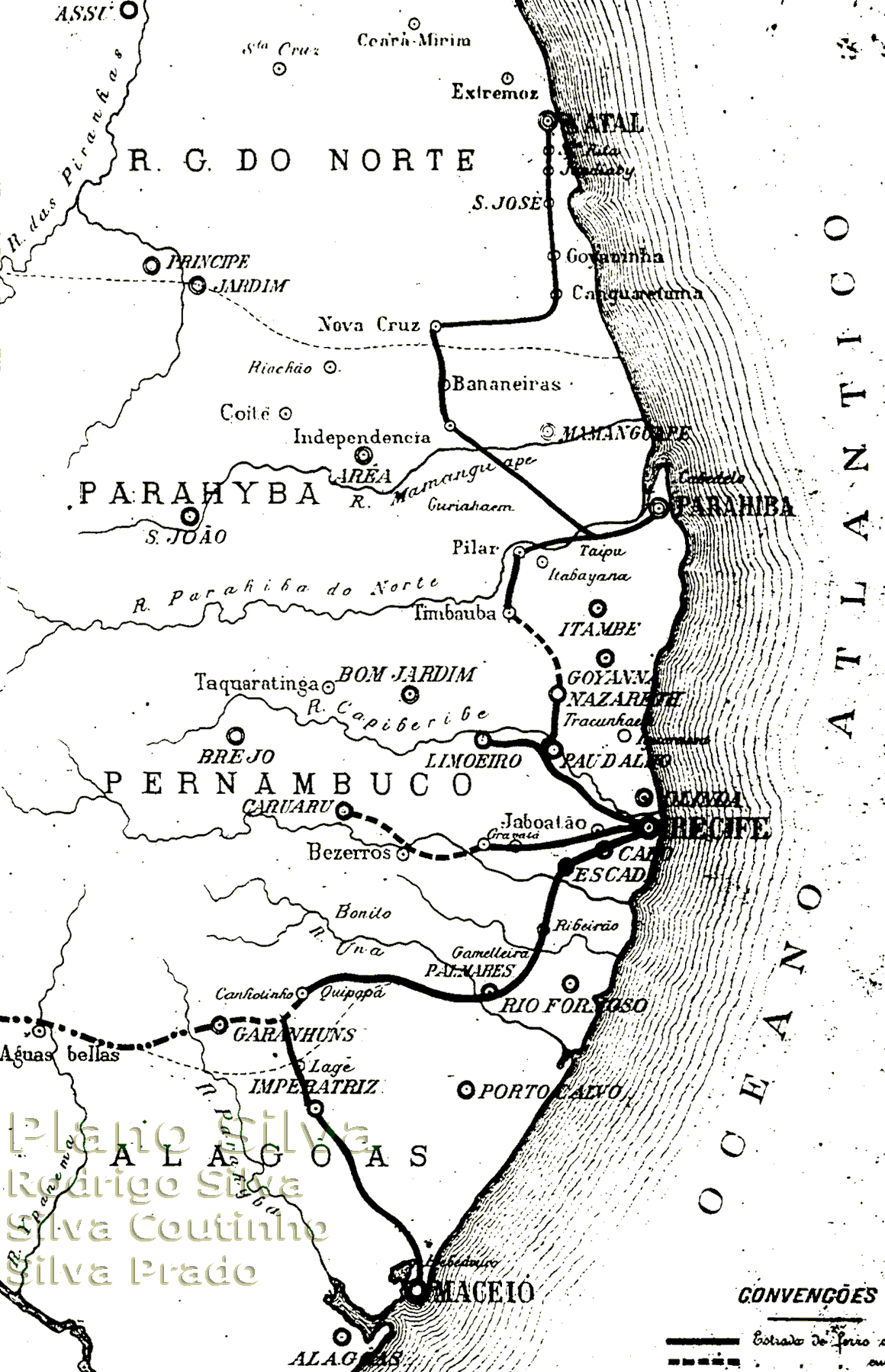 Croquis do tronco ferroviário litorâneo do Nordeste, conforme apresentado por Rodrigo Silva em seu "plano" de 1886