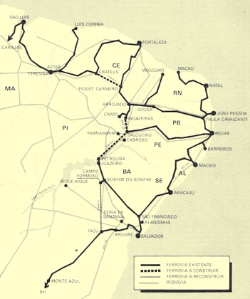 Mapa ferroviário do Nordeste, indicando o traçado original dos trilhos da Transnordestina