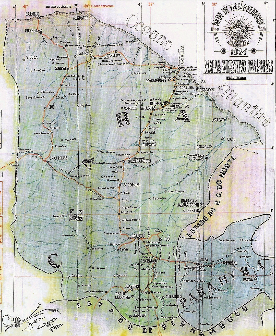 Mapa dos trilhos da Rede de Viação Cearense em 1924