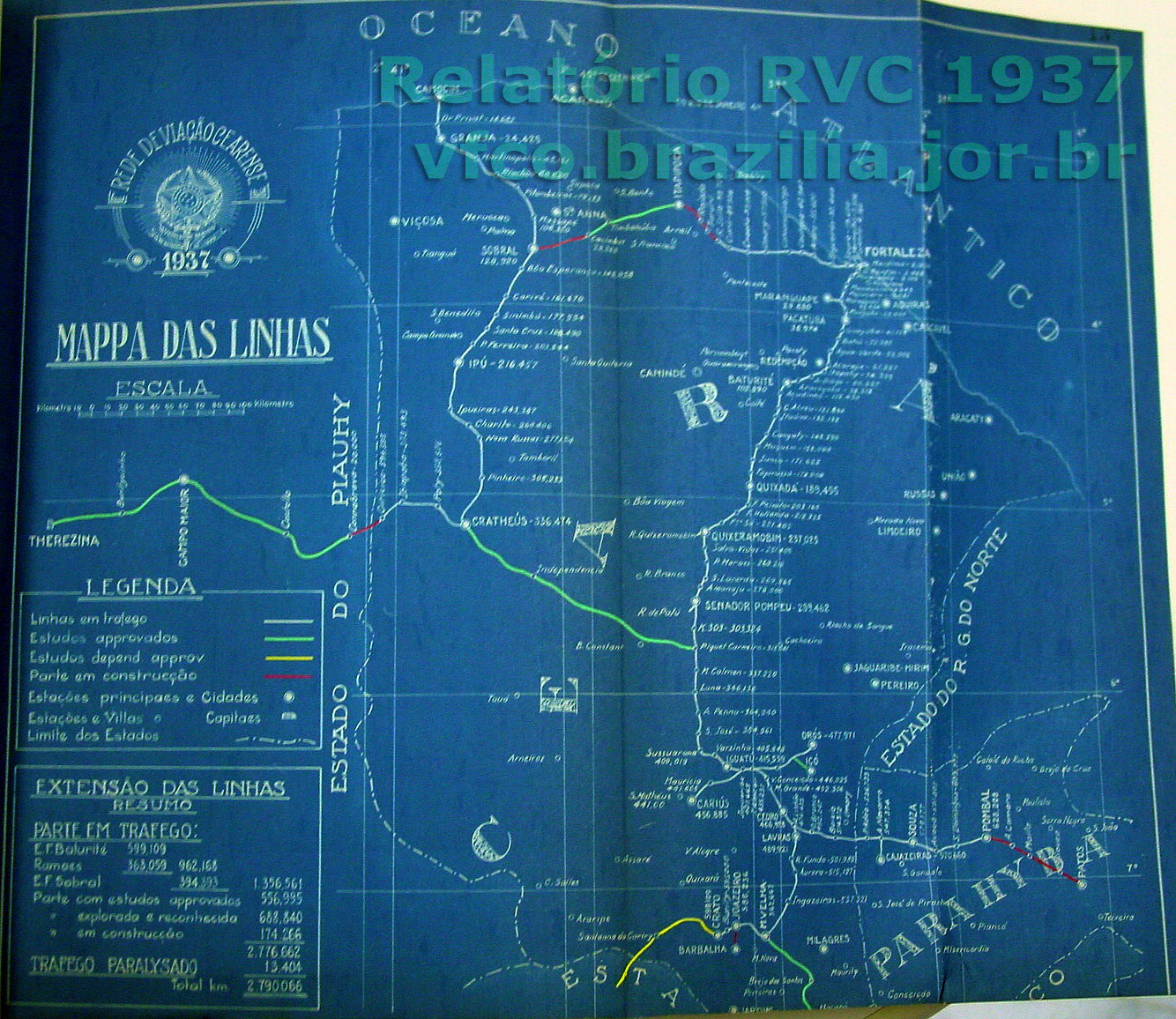 Mapa dos trilhos da Rede de Viação Cearense em 1937
