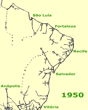 Mapa ferroviário do Nordeste, mostrando os trilhos existentes em 1950