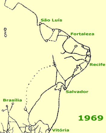 Mapa ferroviário do Nordeste, mostrando os trilhos existentes em 1969