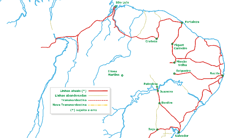 Mapa das ferrovias existentes no Nordeste ao iniciar-se a construção da Transnordestina