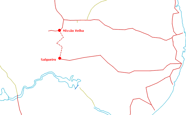 Traçado dos trilhos do trecho da ferrovia Transnordestina iniciado em 2006