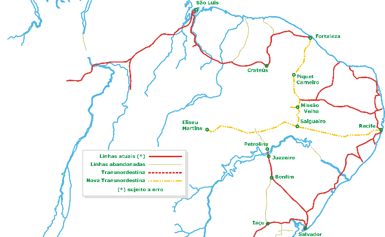 Mapa ferroviário do Nordeste, indicando o traçado dos trilhos da Nova Transnordestina