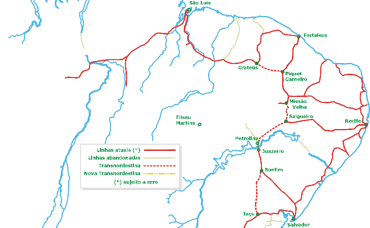 Mapa dos trilhos do Nordeste, com o projeto original da Ferrovia Transnordestina