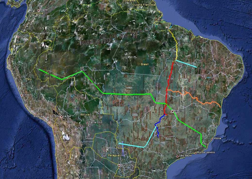 Localização das ferrovias da Valec no mapa do Brasil, visto de stélite