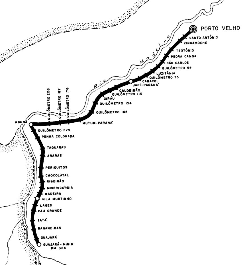 Mapa dos trilhos e estações ferroviárias da EF Madeira-Mamoré em 1969