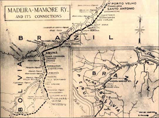 Antigo mapa com as conexões da Estrada de Ferro Madeira-Mamoré