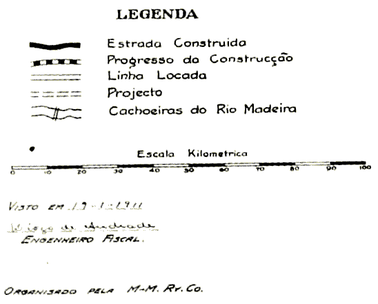 Legendas do mapa dos trilhos da ferrovia Madeira-Mamoré em 1910