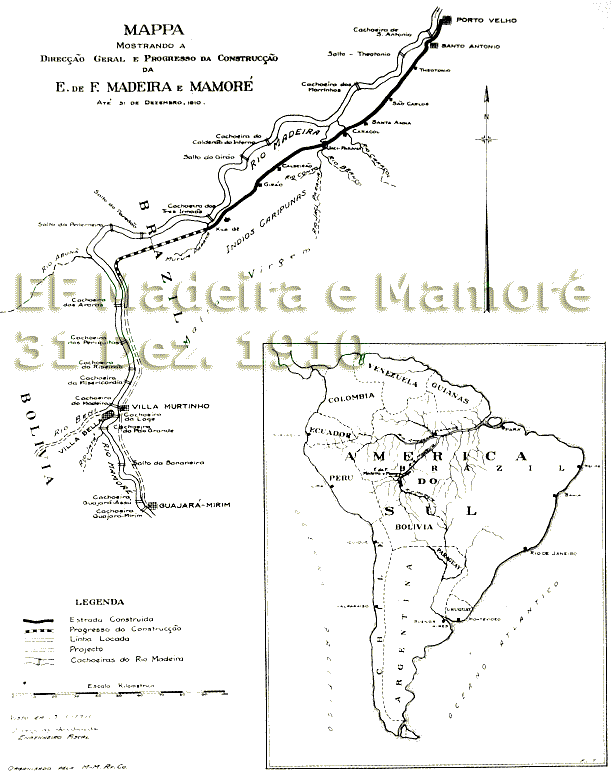 Mapa completo (reduzido) dos trilhos da ferrovia Madeira-Mamoré em 1910