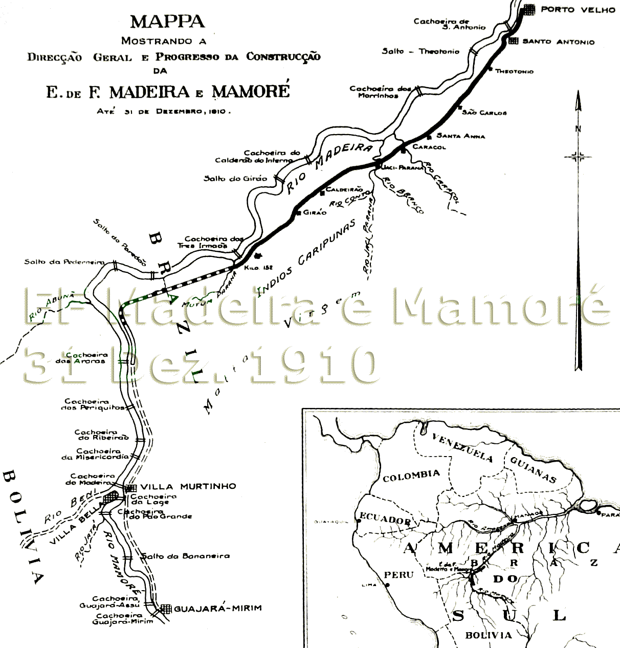 Mapa da situação dos trilhos da Estrada de Ferro Madeira-Mamoré em 1910