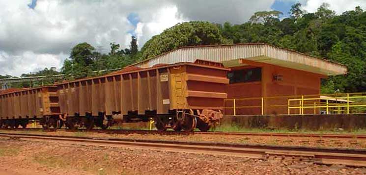 Vagões usados pela ferrovia para o transporte do minério entre a mina e o porto
