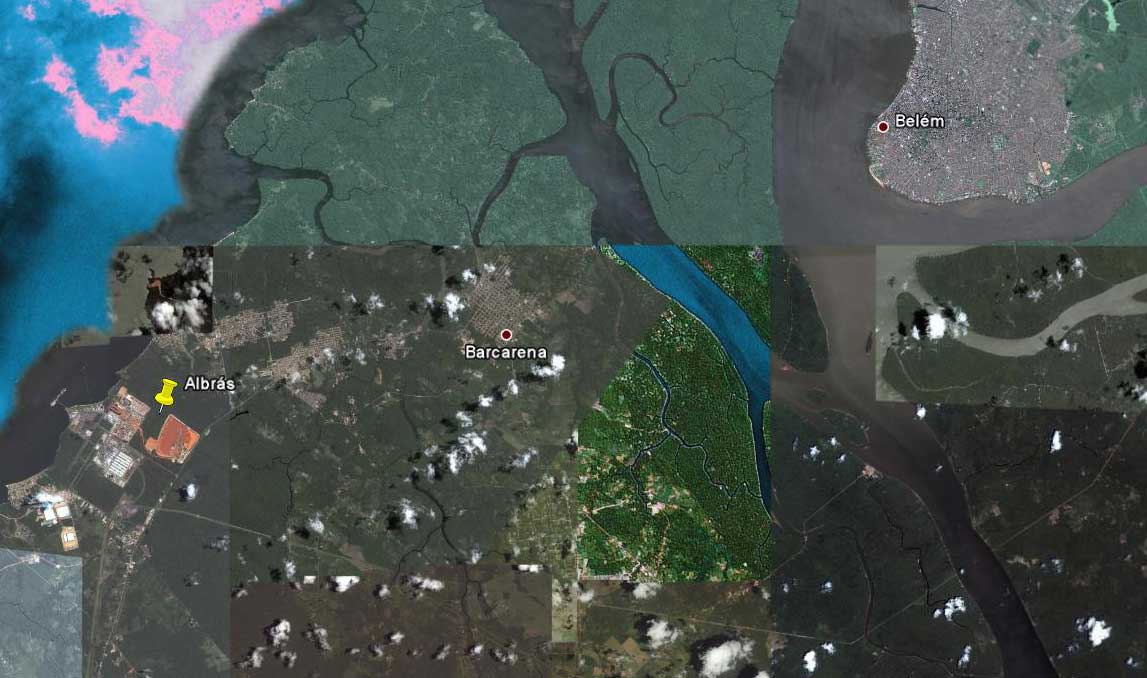 Imagem de satélite da localização da Albrás em relação a Belém do Pará