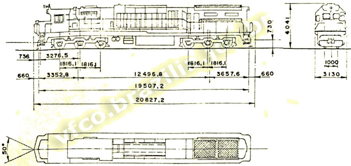 Desenho e medidas das locomotivas GT26CU2 GM e Macosa da Estrada de Ferro Vit&oacute;ria a Minas