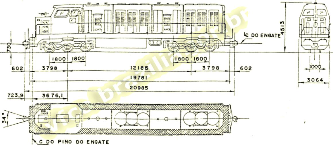Desenho e medidas das locomotivas diesel-hidráulicas Krauss-Maffei da Estrada de Ferro Vitória a Minas