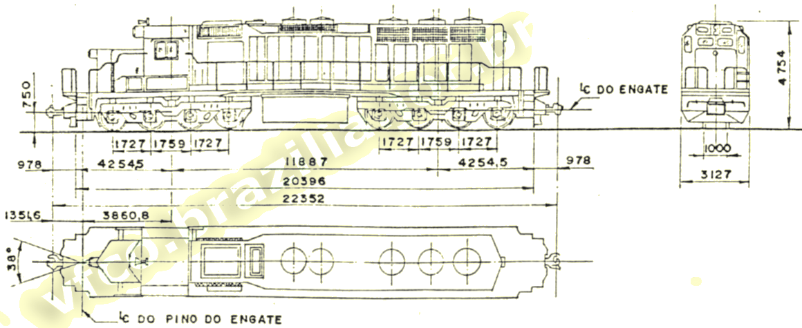 Desenho e medidas das locomotivas DDM45 da Estrada de Ferro Vitória a Minas