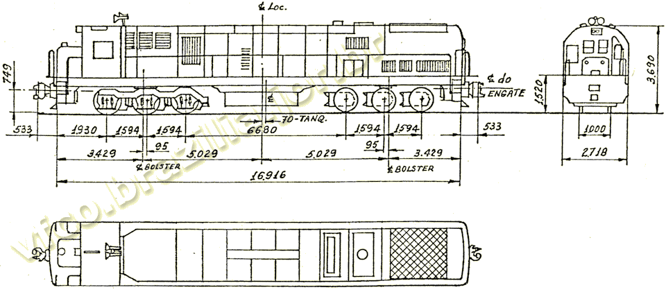 Desenho e medidas da locomotiva U26C da EFVM - Estrada de Ferro Vitória a Minas