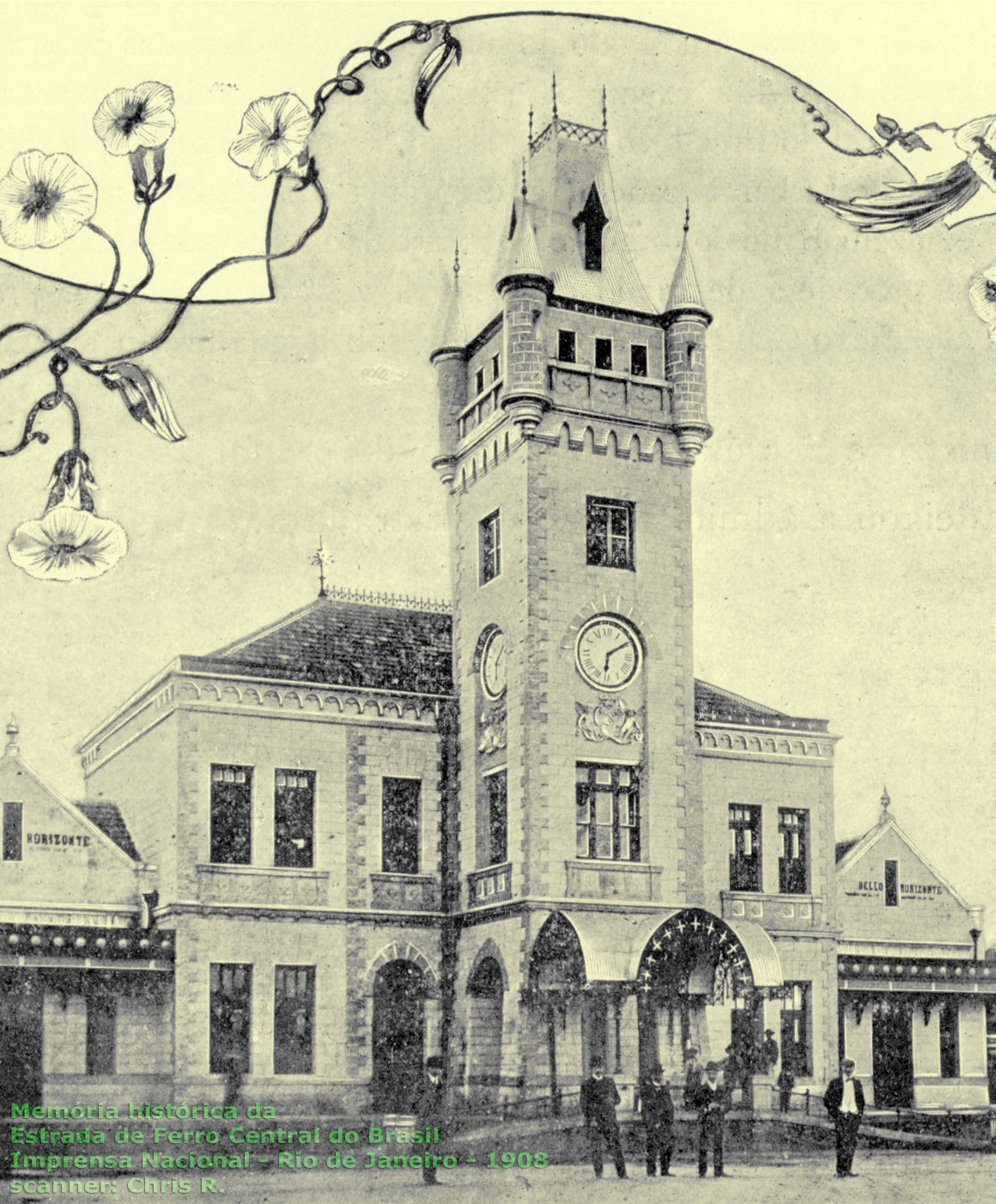 Detalhe ampliado da fachada principal da primeira estação ferroviária de Belo Horizonte