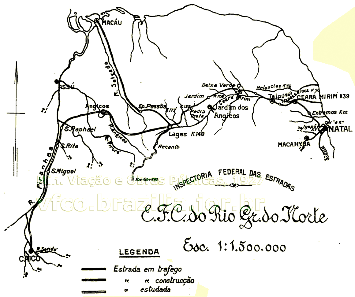 Mapa dos trilhos da Estrada de Ferro Central do Rio Grande do Norte em 1927