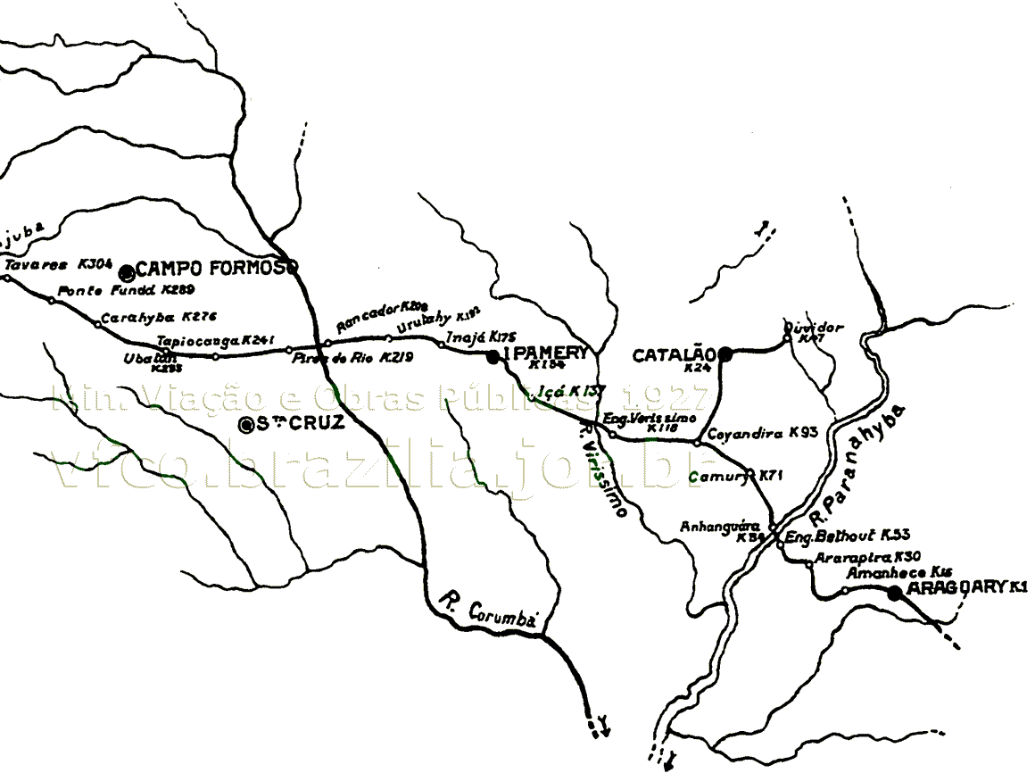 Mapa do trecho de Araguari a Tavares (Vianópolis) da Estrada de Ferro Goiás - EFG em 1927