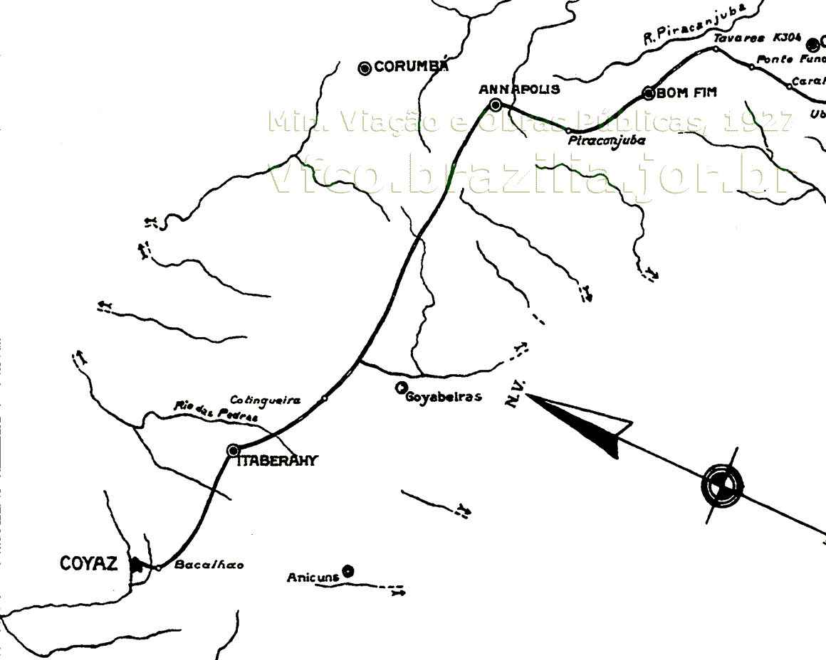 Mapa de 1927 do prolongamento previsto da Estrada de Ferro Goiás, de Tavares (Vianópolis) a Anápolis e Goiás velho