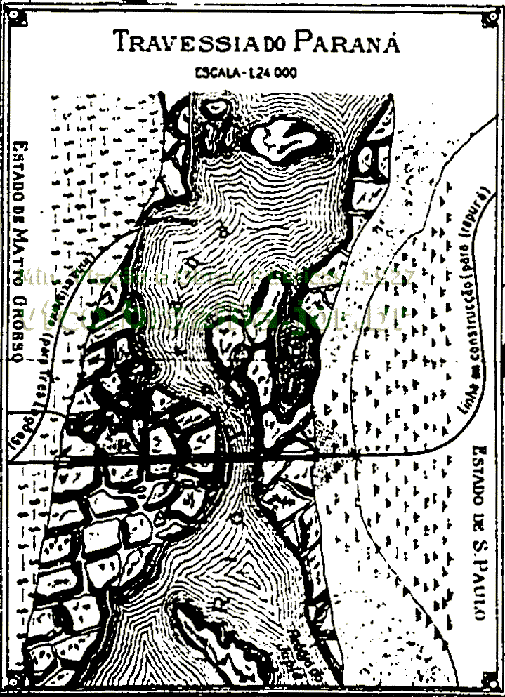 Detalhe dos trilhos da travessia do rio Paraná no mapa geral dos trilhos da Estrada de Ferro Noroeste do Brasil em 1927