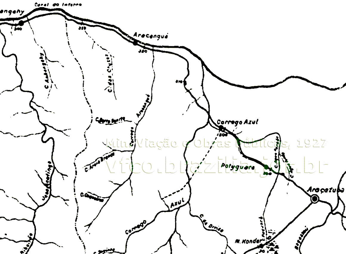 Mapa do trecho Araçatuba - canal do Inferno da linha original da Estrada de Ferro Noroeste do Brasil