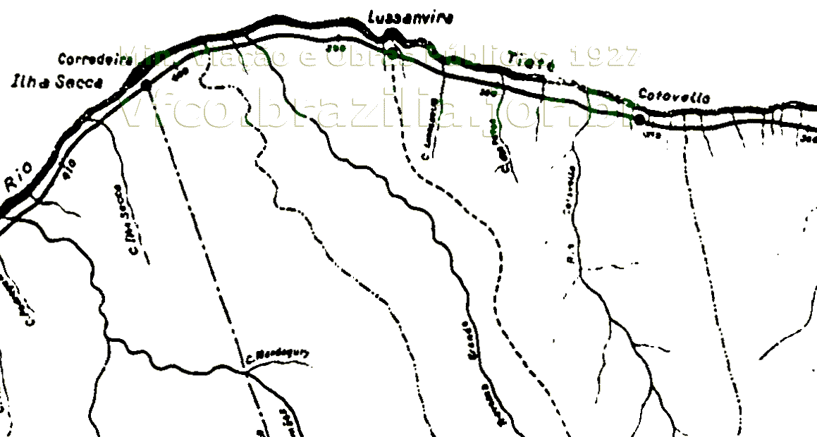 Mapa do trecho de Cotovelo a Ilha Seca no traçado original da Estrada de Ferro Noroeste do Brasil em 1927