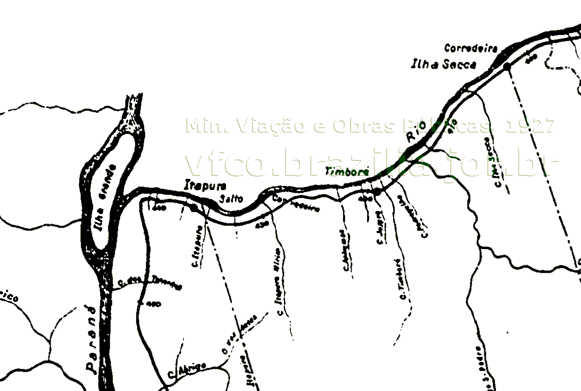 Mapa do trecho Ilha Seca - Itapura no tronco original da Estrada de Ferro Noroeste do Brasil