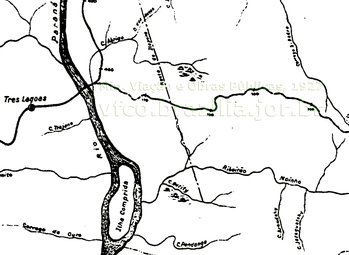 Mapa do trecho Andradina - Três Lagoas da variante da Estrada de Ferro Noroeste do Brasil