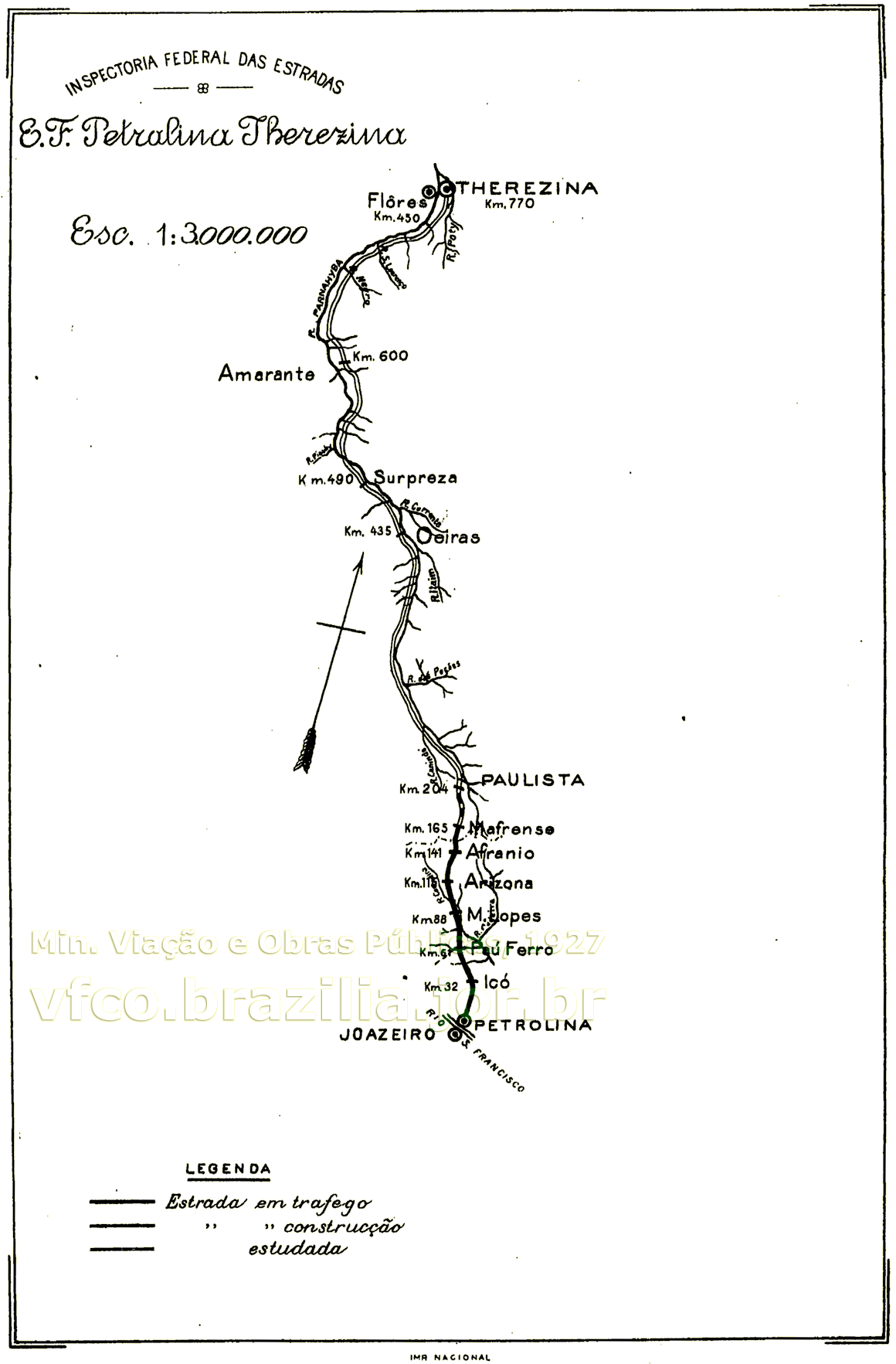 Mapa dos trilhos da Estrada de Ferro Petrolina - Teresina em 1927