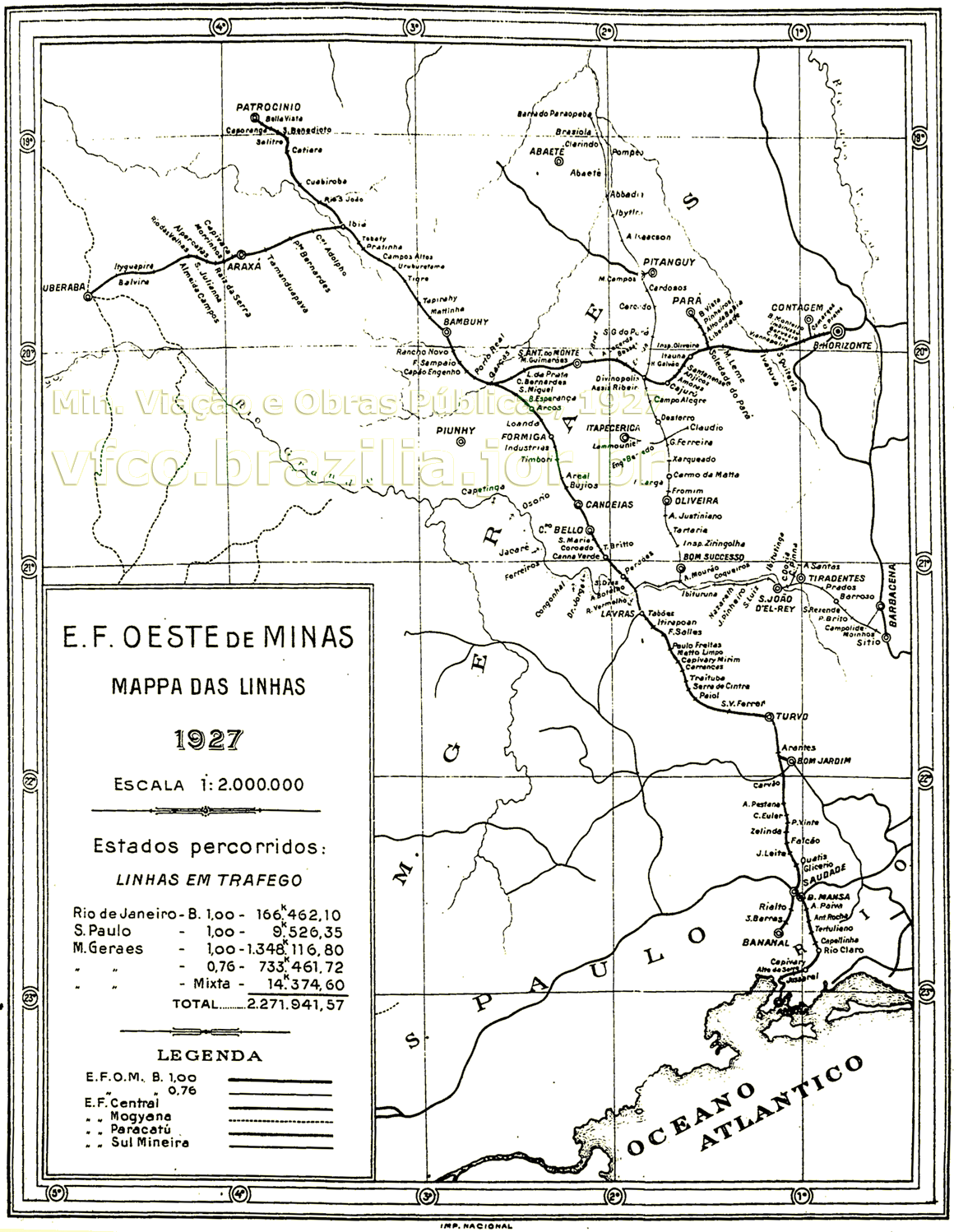 Mapa dos trilhos da Estrada de Ferro Oeste de Minas - EFOM em 1927
