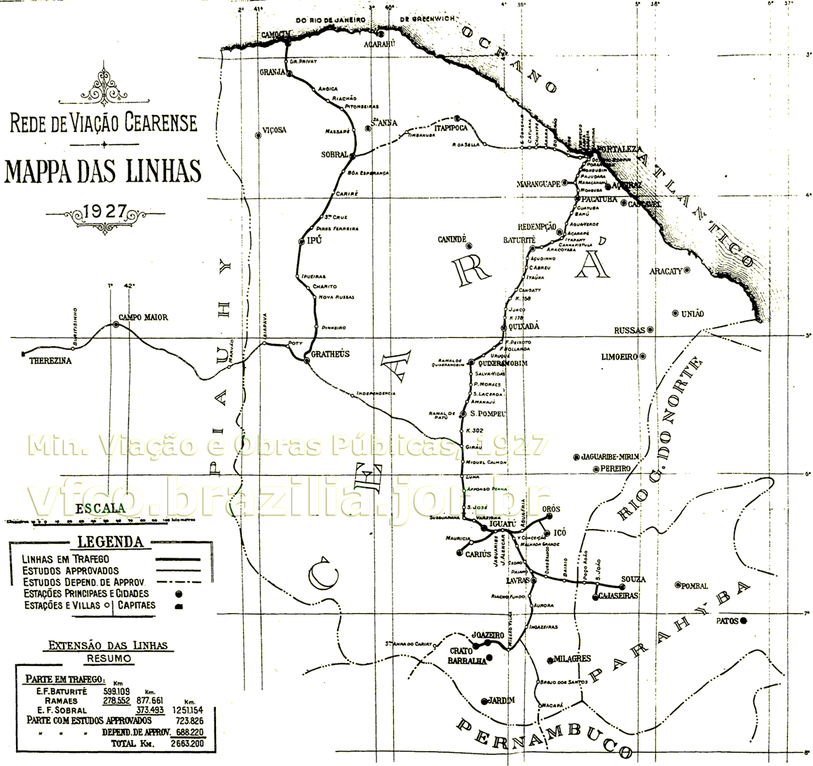 Mapa dos trilhos da Rede de Viação Cearense - RVC em 1927