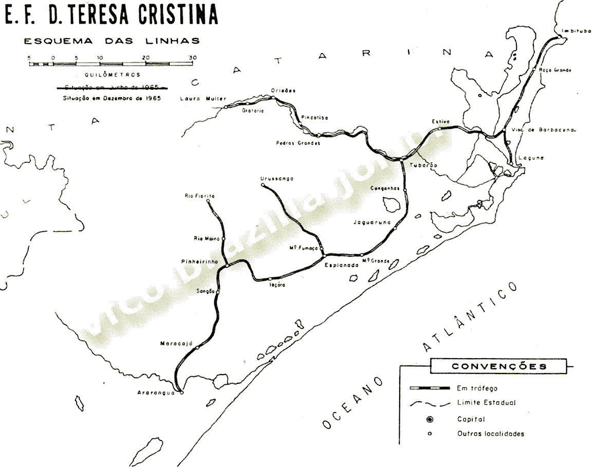 Mapa dos trilhos da EFDTC - Estrada de Ferro Dona Teresa Cristina em 1965 - Rede Ferroviária Federal - RFFSA