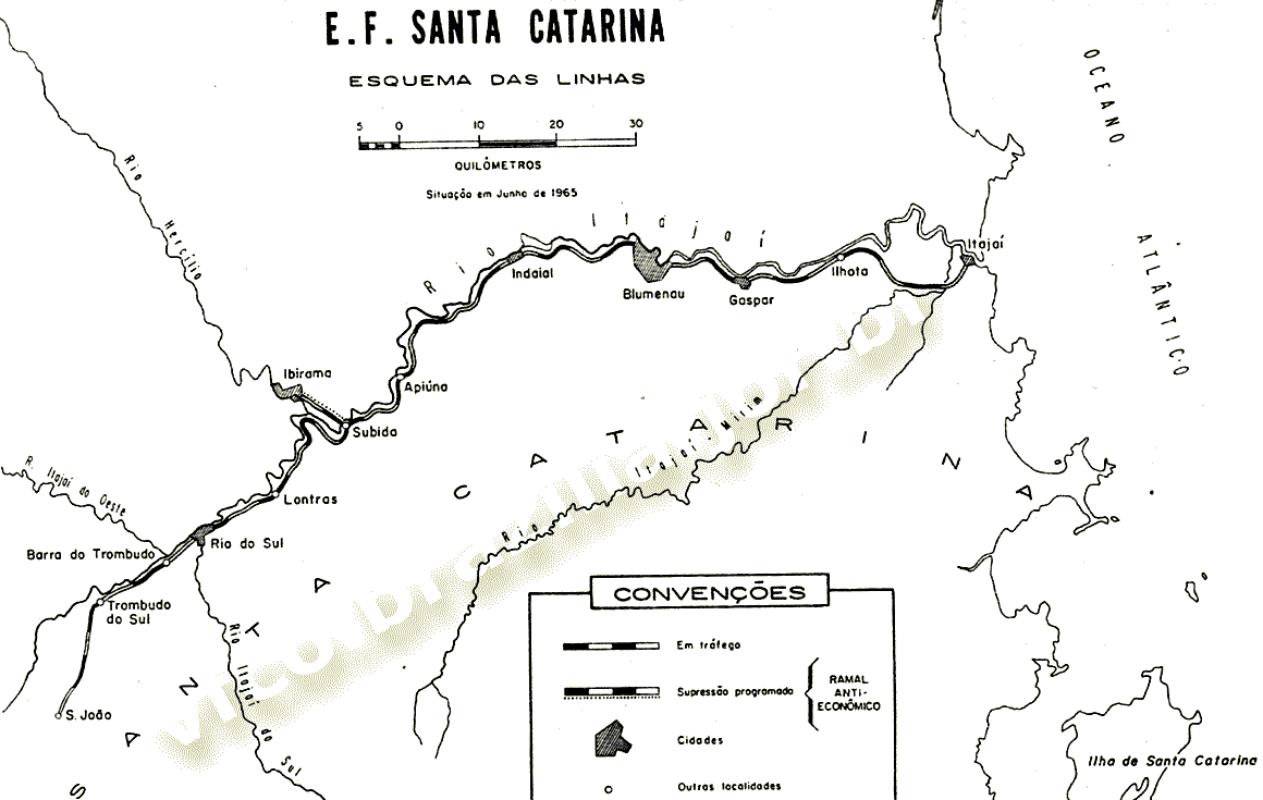Mapa dos trilhos da Estrada de Ferro Santa Catarina (EFSC) em 1965 - Rede Ferroviária Federal (RFFSA)