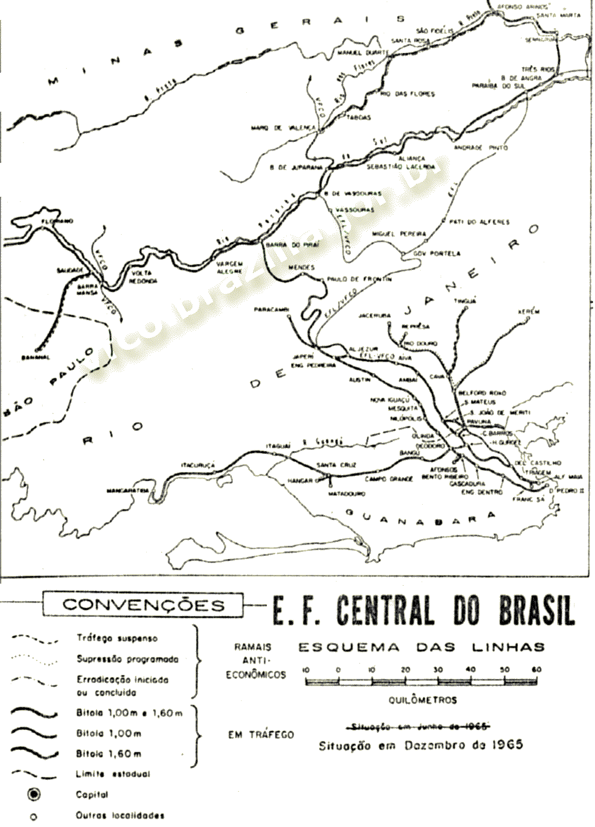 Mapa dos trilhos da Estrada de Ferro Central do Brasil nos subúrbios do Rio de Janeiro e arredores em 1965