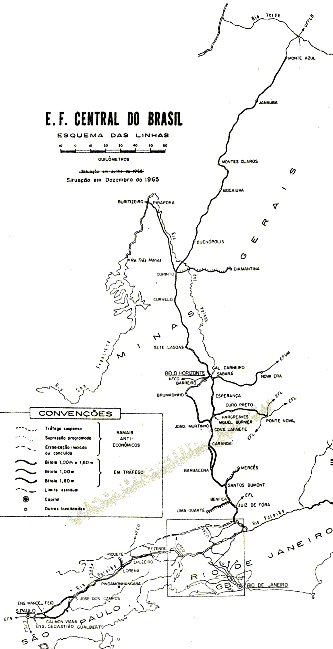 Mapa dos trilhos da Estrada de Ferro Central do Brasil - EFCB, em 1965 - Rede Ferroviária Federal - RFFSA
