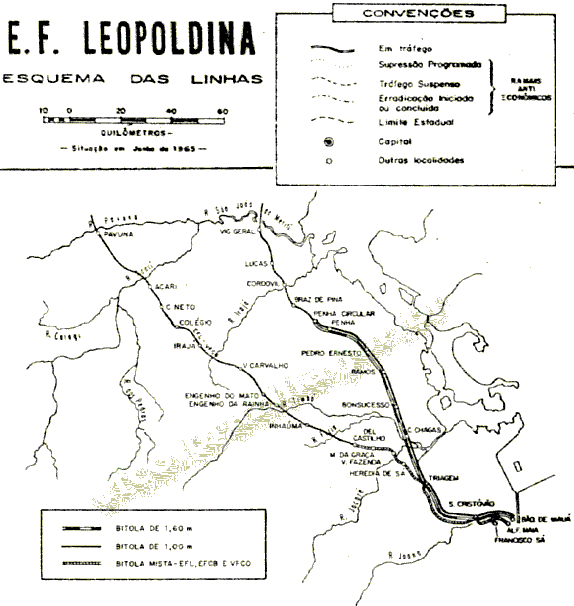 Mapa dos trilhos da Estrada de Ferro Leopoldina nos subúrbios do Rio de Janeiro em 1965