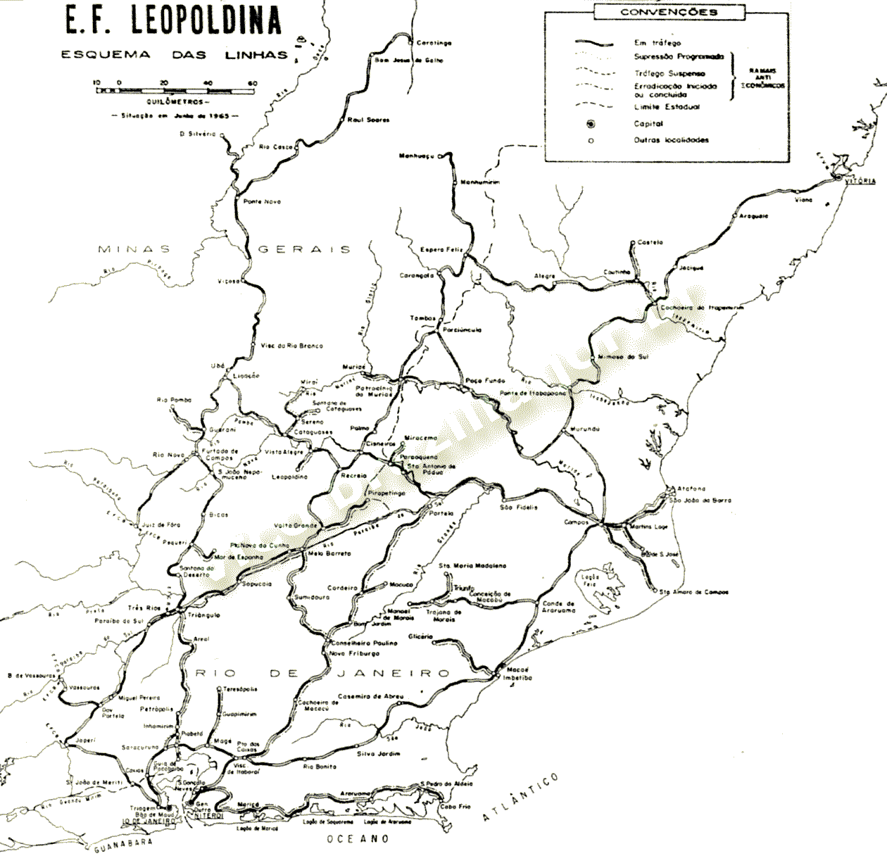 Mapa dos trilhos da Estrada de Ferro Leopoldina em 1965 - Rede Ferroviária Federal (RFFSA)