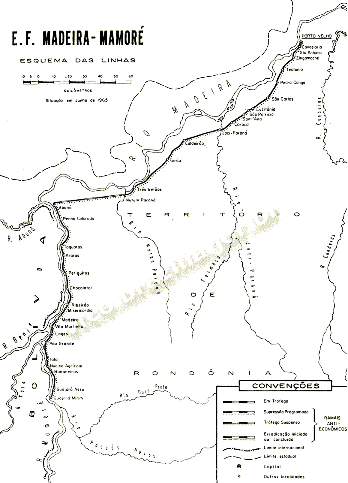 Mapa dos trilhos da Estrada de Ferro Madeira-Mamoré, da Rede Ferroviária Federal - RFFSA, em 1965