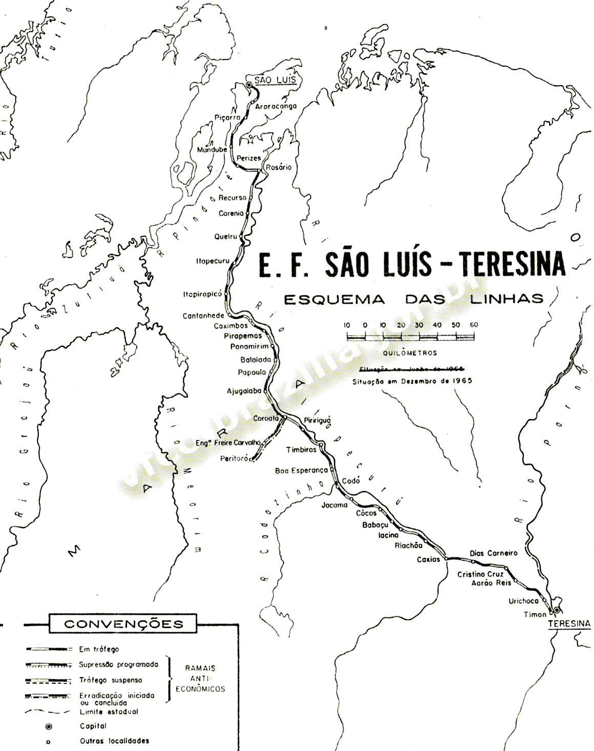 Mapa dos trilhos da Estrada de Ferro São Luís - Teresina, da Rede Ferroviária Federal - RFFSA, em 1965